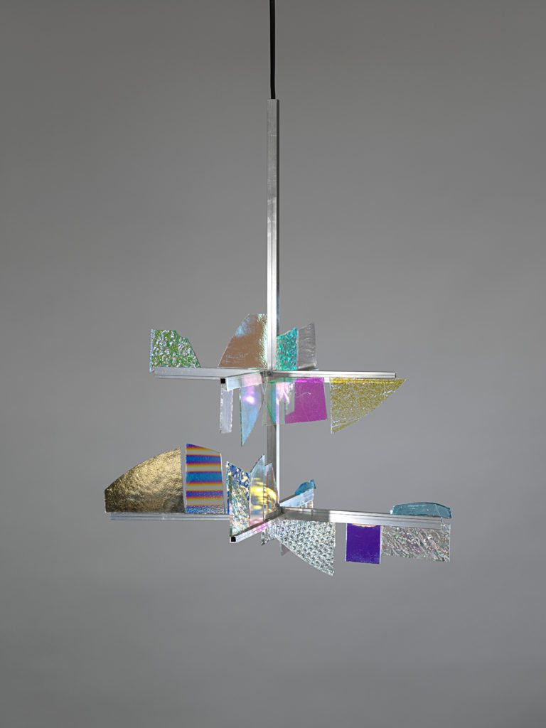 LABINAC Dichroic Glass Chandelier, 2018, dichroic glass, aluminium, cable appr. 57 x 42 x 41,5 cm (without cable), designed by Jimmie Durham for LABINAC, ph: Nick Ash